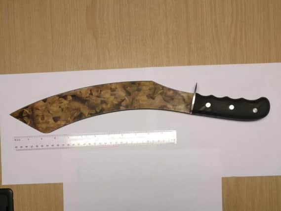 This patterned machete with a 13-inch blade, as well as a quantity of cannabis, was recovered from a vehicle that was travelling through an area of Sheffield last night.