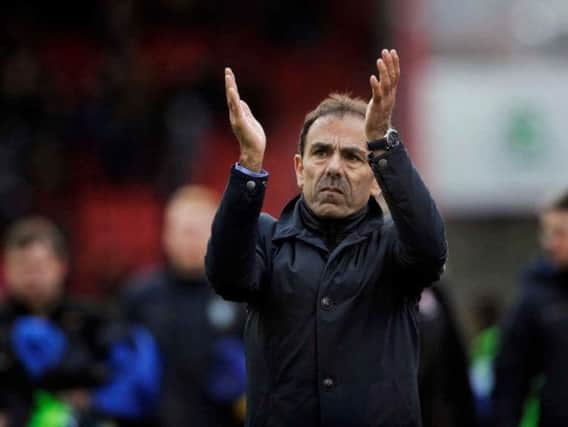 Sheffield Wednesday manager Jos Luhukay salutes the Owls supporters after his side's 1-1 draw at Barnsley