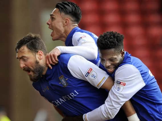 Atdhe Nuhiu celebrates after scoring a penalty for Sheffield Wednesday at Barnsley