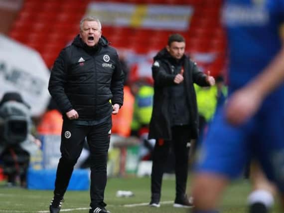 Chris Wilder shouts his instructions from the sidelines during his side's 2-1 win over Leeds United at Bramall Lane