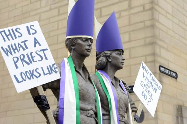 The Women of Steel sculpture in Barker's Pool was dressed in bishop's clothing in suffragette colours as the controversy deepened last year.