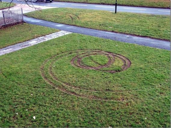The mess created by quad bikers on a communal lawn outside homes on Spotswood Close, in Gleadless Valley