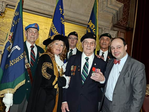 93-year-old Cyril Calton pictured with l-r Jack Mitchell, Colin Cranswick, Lord Mayor of Sheffield Anne Murphy, Jean Claude Lafontaine, French Consol and Tim Humphreys, at the Town Hall, during his Legion d'Honneur presentation. Picture: Marie Caley