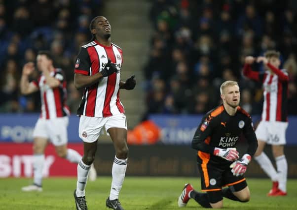 Clayton Donaldson of Sheffield Utd reacts as a chance goes wide during the FA cup fifth round match at the King Power Stadium, Leicester
