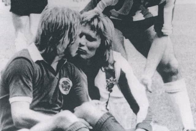 Tony Currie and Alan Birchenall puckered-up during a match between Sheffield United and Leicester City in April 1975.