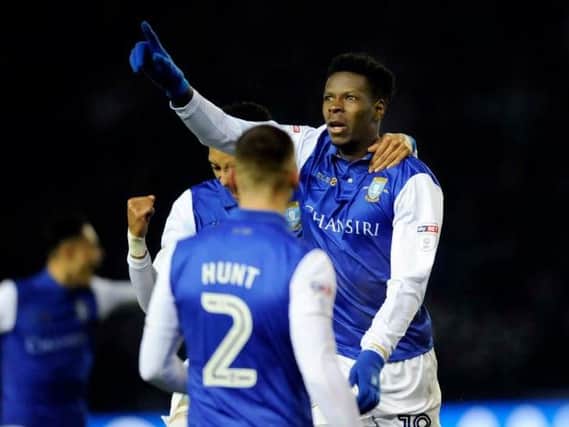 Lucas Joao celebrates one of two goals against Derby County
