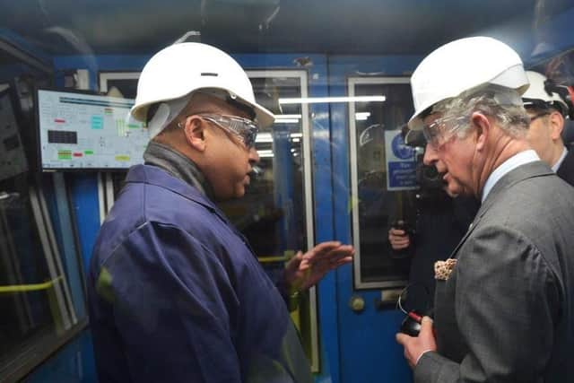 Prince Charles pictured at Liberty Steel. Picture courtesy: Kerrie Beddows/Rotherham Advertiser.