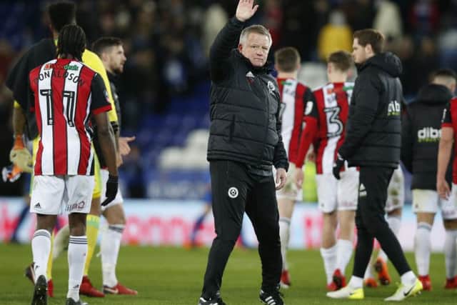 Chris Wilder manager of Sheffield Utd waves to the fans during the FA cup fifth round match at the King Power Stadium, Leicester.  Simon Bellis/Sportimage
