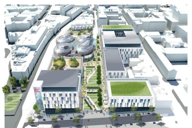 An artist's impression showing Sheffield Hallam University's new buildings, the university green and refurbished students' union - all part of the campus masterplan. Picture: SHU