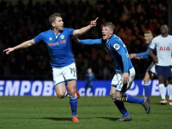 Steve Davies celebrates his injury time goal which secured a Wembley replay for Rochdale against Tottenham