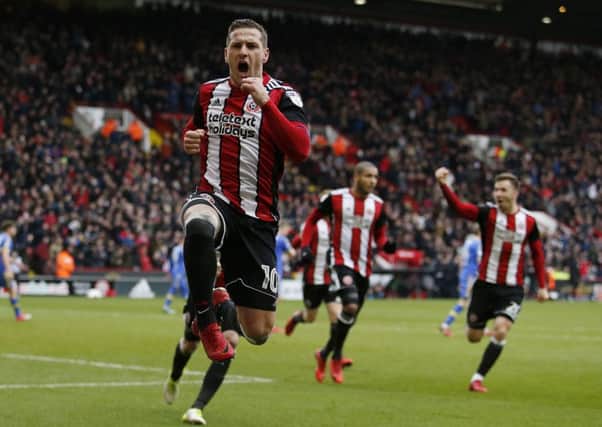 Billy Sharp of Sheffield Utd celebrates hi second goal during the Championship match at Bramall Lane Stadium, Sheffield. Picture date 10th February, 2018. Picture credit should read: Jack Lancelott/Sportimage