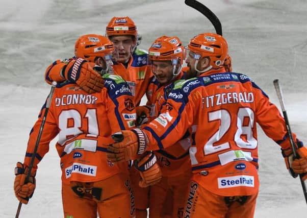 Steelers' players celebrate Ben O'Connor's goal against Fife.