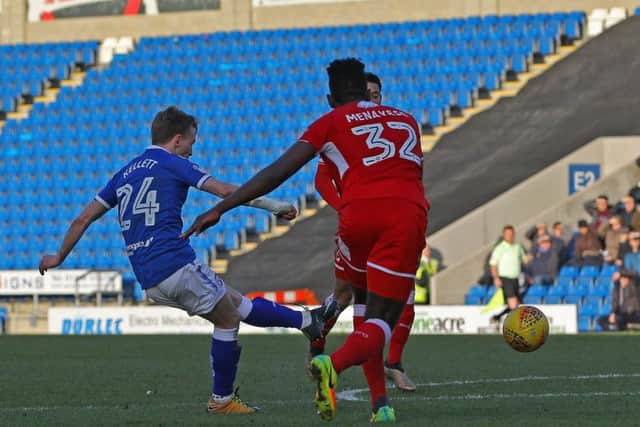 Picture by Gareth Williams/AHPIX.com; Football; Sky Bet League Two; Chesterfield FC v Swindon Town; 24/03/2018 KO 15.00; Proact Stadium; copyright picture; Howard Roe/AHPIX.com; Andy Kellett fires home Chesterfield's second against Swindon
