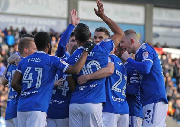 Picture by Gareth Williams/AHPIX.com; Football; Sky Bet League Two; Chesterfield FC v Swindon Town; 24/03/2018 KO 15.00; Proact Stadium; copyright picture; Howard Roe/AHPIX.com; Chesterfield players celebrate with Chris O'Grady after his opener against Swindon