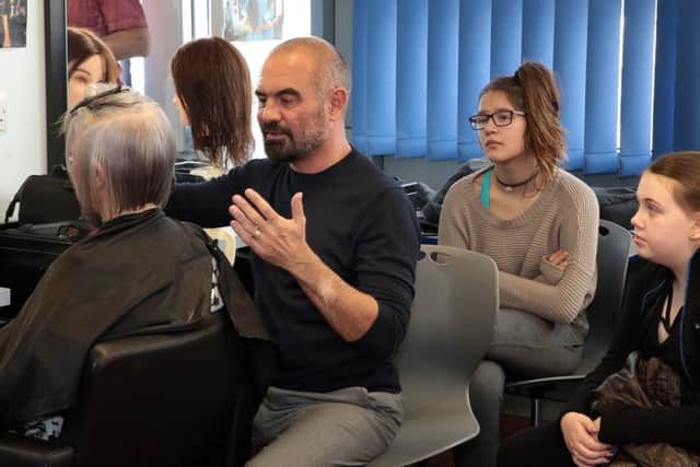 Celebrity hairdresser Andrew Barton passes on his skills to pupils at Chaucer School as part of their Building Skills programme, Sheffield, United Kingdom, 20th February 2018. Photo by Glenn Ashley.