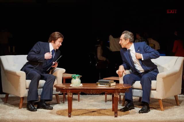 Daniel Rigby as David Frost and Jonathan Hyde as Richard Nixon in Frost/Nixon at the Crucible Theatre, Sheffield