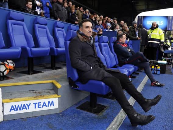 Back at Hillsborough Swans and former Owls Manager Carlos Carvalhal sits in the AWAY DUG OUT.....Pic Steve Ellis