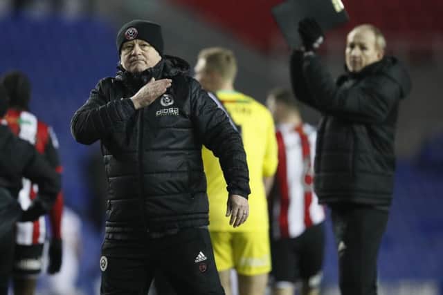Chris Wilder manager of Sheffield Utd celebrates with the fans during the championship match at the Madejski Stadium, Reading. Picture: David Klein/Sportimage