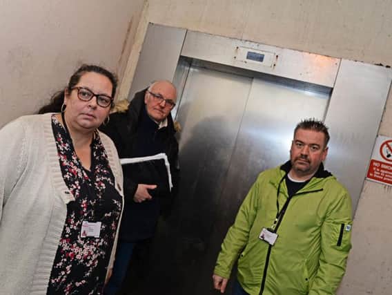 Mexborough councillors Bev Chapman, Andy Pickering and Sean Gibbons, pictured by the broken lift. Picture: Marie Caley NDFP Lift MC 3