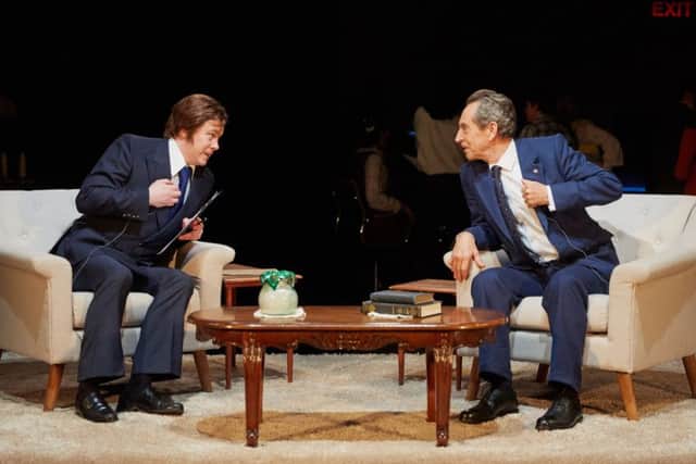 Daniel Rigby as David Frost and Jonathan Hyde as Richard Nixon in Frost/Nixon at the Crucible Theatre, Sheffield