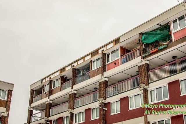The cladding fell from Henry block on the Hanover estate in Broomhall (photo: Mayo Photographic)