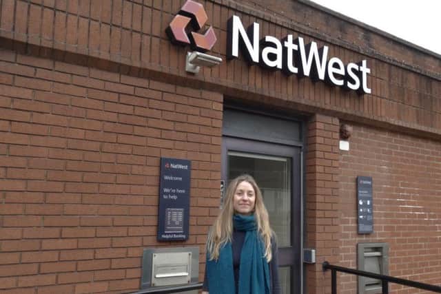 Francyne Johnson outside NatWest's Stocksbridge branch