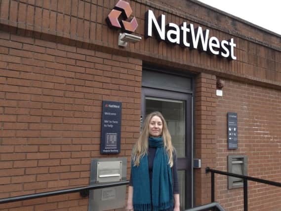 Francyne Johnson outside NatWest's Stocksbridge branch