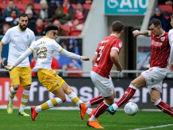 Sean Clare has a shot on goal in Wednesday's defeat at Bristol City