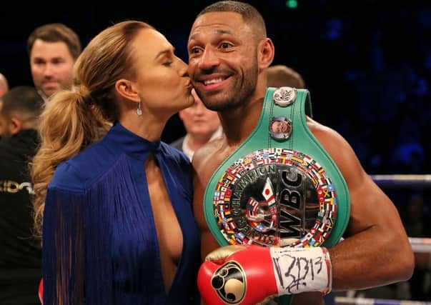 Kell Brook celebrates with partner Lindsey Myers after he defeats Sergey Rabchenk in their Super-Welterweight contest at the FlyDSA Arena, Sheffield. Pic: Richard Sellers/PA Wire