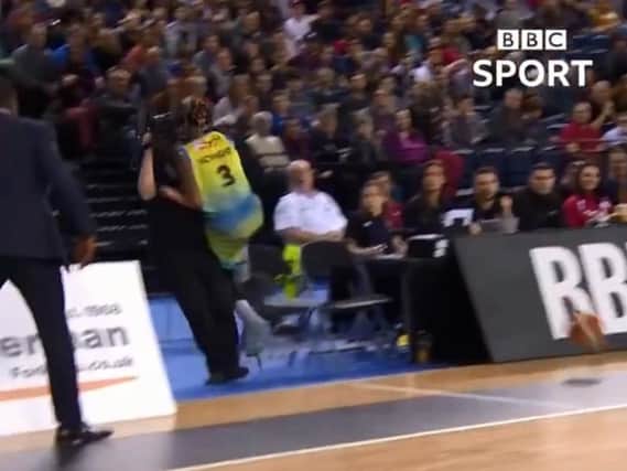 Sharks star Mackey McKnight collides with the cameraman. Picture: BBC Sport.