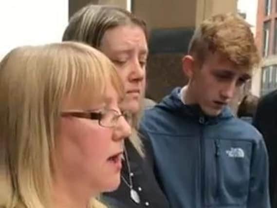 (L-R) Leonne's aunt, Mandy Westropp, Leonnes mum Paula Appley and her twin brother Levi delivered a statement outside Sheffield Crown Court after Leonne's murderer was jailed for life.