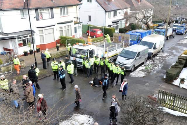 Tree protestors and police clash on Abbeydale Park Rise as Amey attempt to cut down more trees today. Picture Scott Merrylees