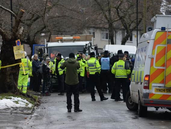 Tree protestors and police on Abbeydale Park Rise as Amey attempt to cut down more trees today. Picture Scott Merrylees

Read more at: https://www.thestar.co.uk/news/standoff-on-street-of-lights-as-sheffield-tree-felling-work-continues-1-9048890
