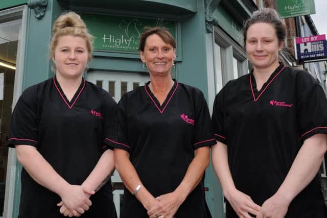 (l-r) Sharna Nadin, Jane Knowles and Charlotte Wright, of Highfield Vet Centre, London Road, give free treatments to dogs owned by a homeless people.