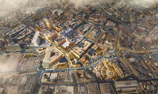 An artist's impression giving an aerial view of the complete Heart of the City 2 masterplan in Sheffield