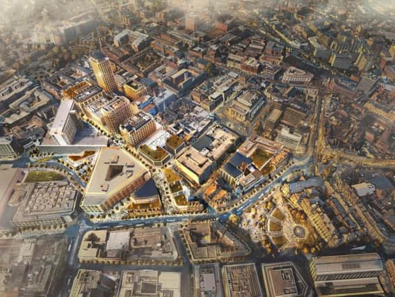 An artist's impression giving an aerial view of the complete Heart of the City II masterplan in Sheffield