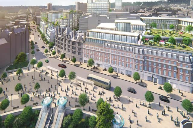An artist's impression of Heart of the City II in Sheffield, showing how a redeveloped Pinstone Street would look