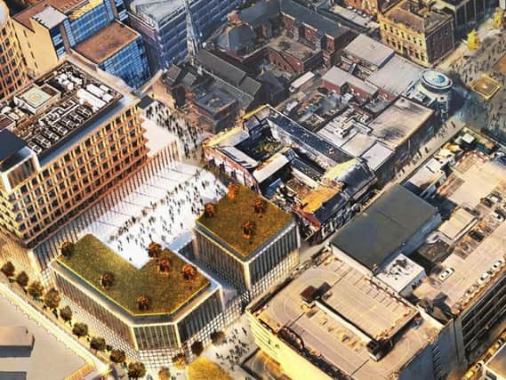 An artist's impression giving an aerial view of Leah's Yard and the block featuring a new high-end food hall in Sheffield's Heart of the City II scheme