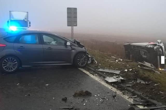 The aftermath of a collision on the Woodhead Pass yesterday