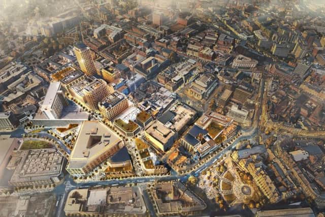 An artist's impression giving an aerial view of the complete Heart of the City II masterplan in Sheffield.