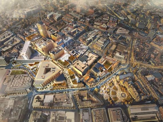 An artist's impression giving an aerial view of the complete Heart of the City II masterplan in Sheffield.