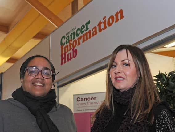Kim Scott and Louise Metcalfe at the Cancer Information Hub at the Moor Market.