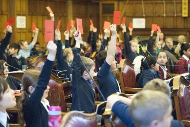 Sheffield Schools gather to debate in the council chamber at Sheffield Town Hall.