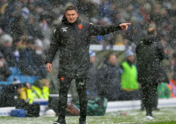 A frustrated Paul Heckingbottom gives out instructions in a snowy Elland Road