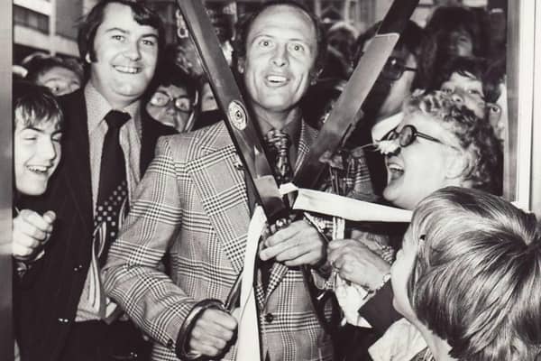 Geoff Boycott with the giant scissors. The picture is now thought to have been taken in 1975 at the opening of a Ladbrokes in Sheffield.