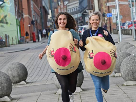 Sheffield Hallam students Millie Watson and Niamh Hardy, are running in the half marathon dressed as a pair of boobs.