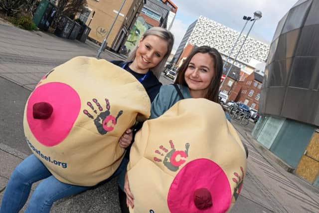 Sheffield Hallam students Niamh Hardy and Millie Watson, are running in the half marathon dressed as a pair of boobs.