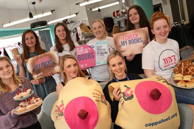 Back l-r Emily Nott, Alice Crombie and Sophie Atherton. Front l-r Victoria Hinde, Megan Buckley, Niamh Hardy, Millie watson and Alice Gilhespy-Swan, pictured in the Students Union, during the Boob Brunch.