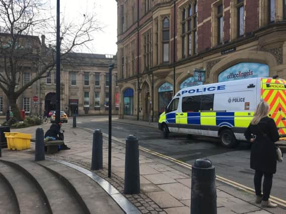 The scene outside Sheffield Cathedral after a man was arrested by police.