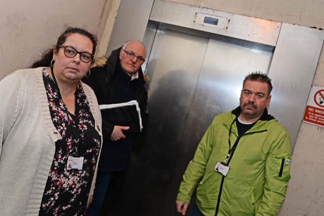 Mexborough councillors Bev Chapman, Andy Pickering and Sean Gibbons, pictured by the lift. Picture: Marie Caley NDFP Lift MC 3